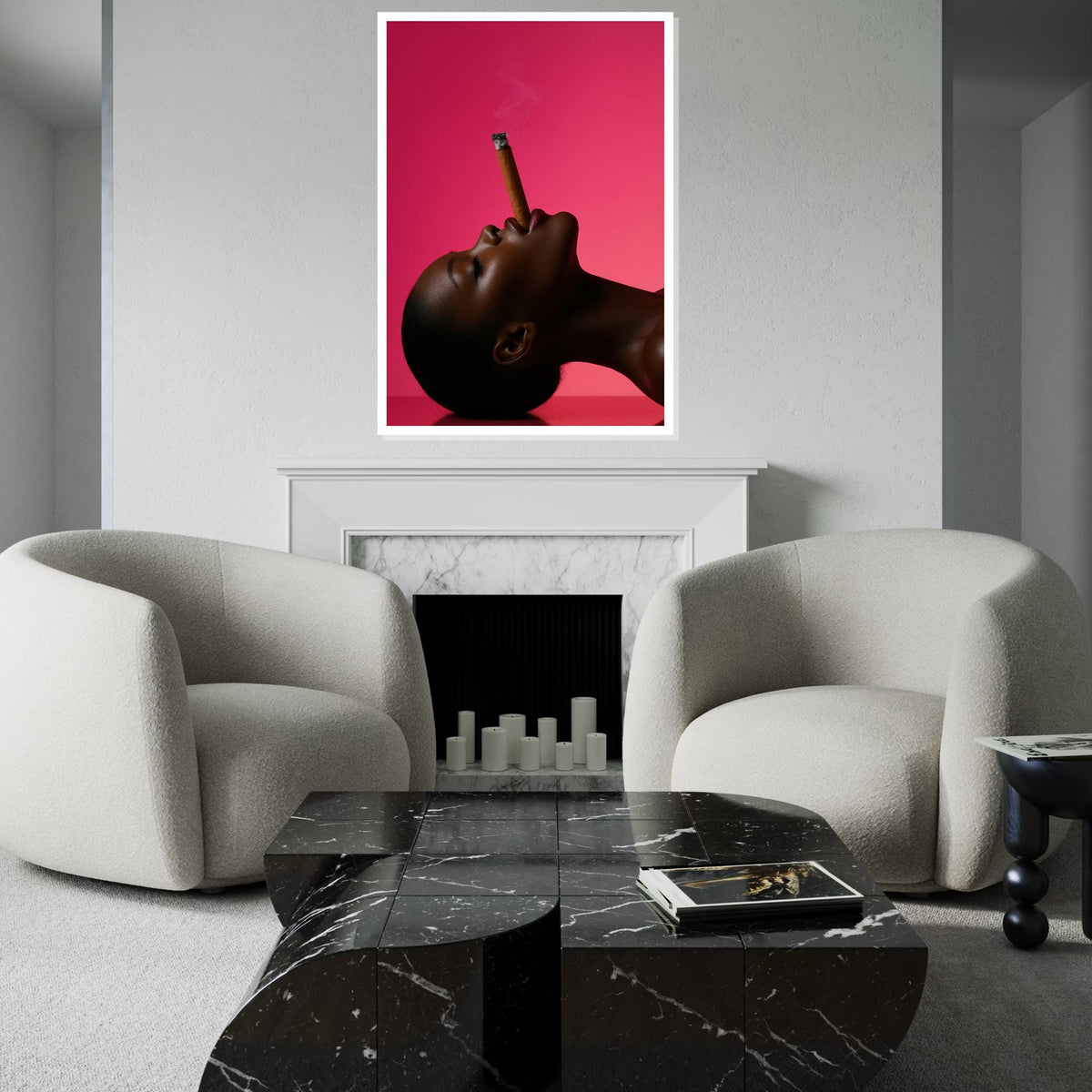 Elegant Profile, Smoking Cigar Art, Modern Portrait Canvas, Pink Background Art Print, Wall Art Canvas Design, Framed  Ready to Hang