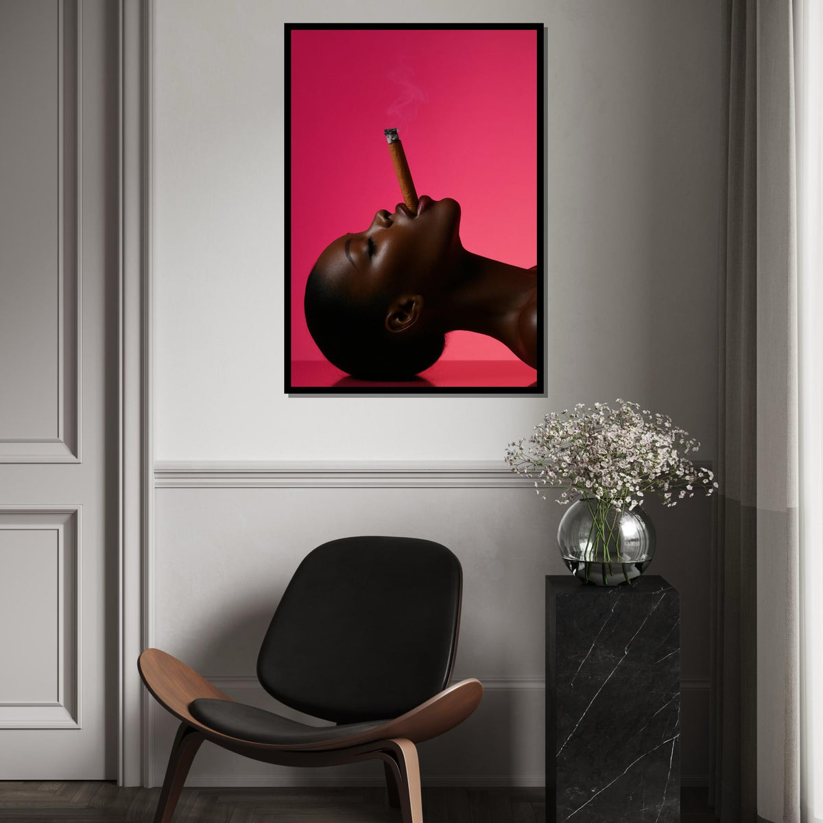 Elegant Profile, Smoking Cigar Art, Modern Portrait Canvas, Pink Background Art Print, Wall Art Canvas Design, Framed  Ready to Hang