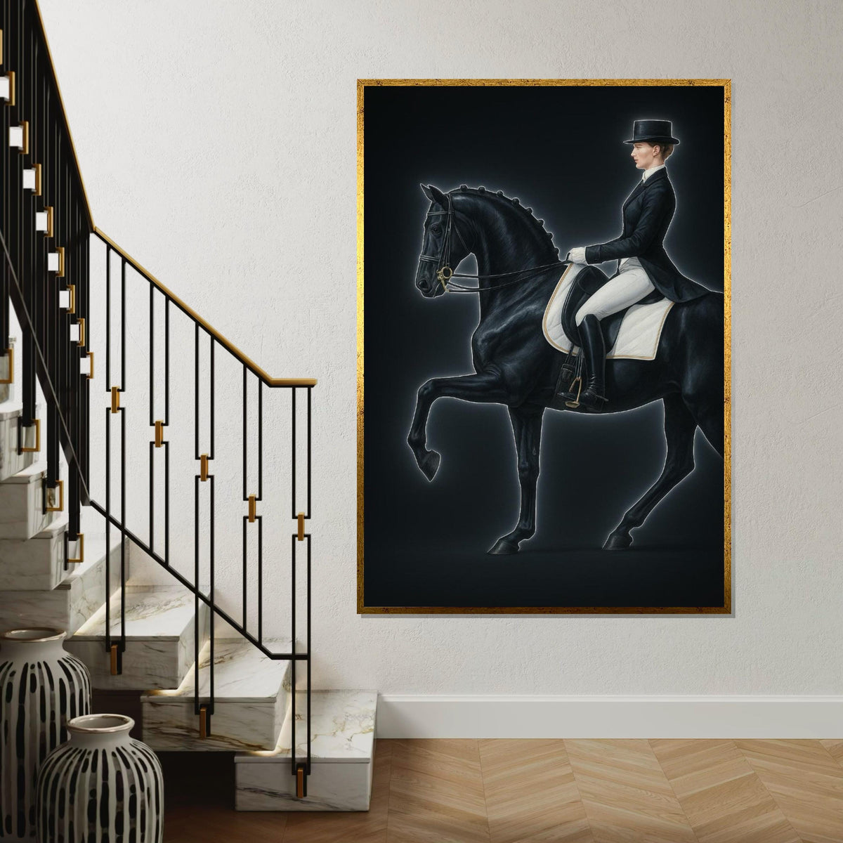 Equestrian Elegance Canvas, Dressage Horse Art, Rider Wall Print, Equine Wall Art Canvas Design, Ready to Hang Decor, Neon Art, Gift Art