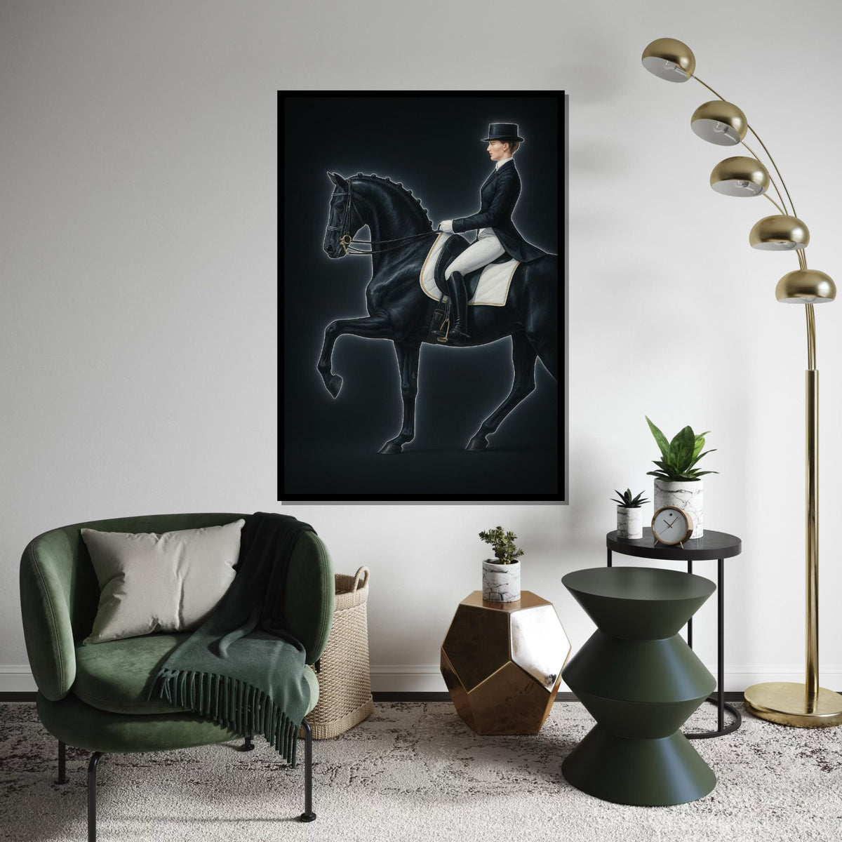 Equestrian Elegance Canvas, Dressage Horse Art, Rider Wall Print, Equine Wall Art Canvas Design, Ready to Hang Decor, Neon Art, Gift Art