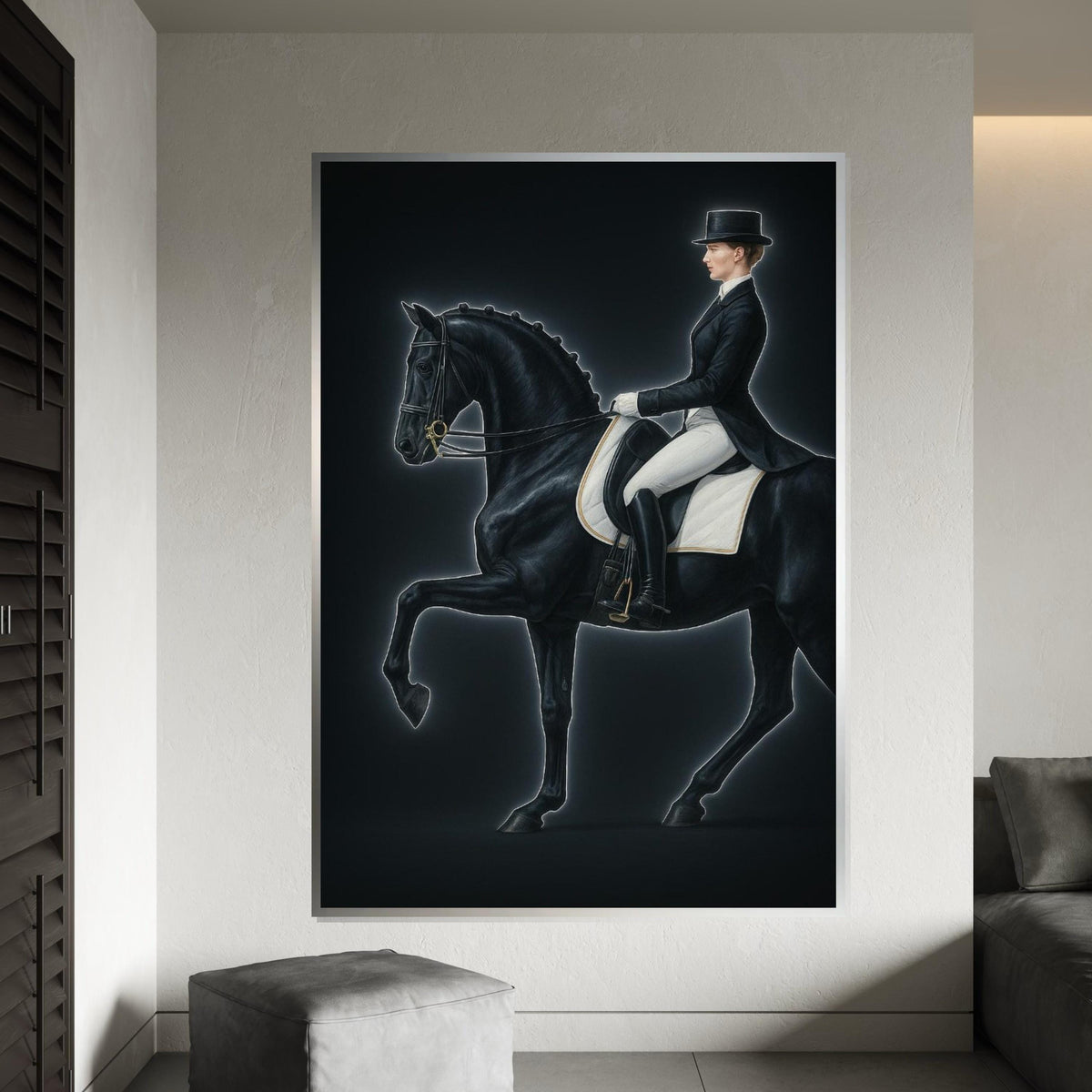 Equestrian Elegance Canvas, Dressage Horse Art, Rider Wall Print, Equine Wall Art Canvas Design, Ready to Hang Decor, Neon Art, Gift Art