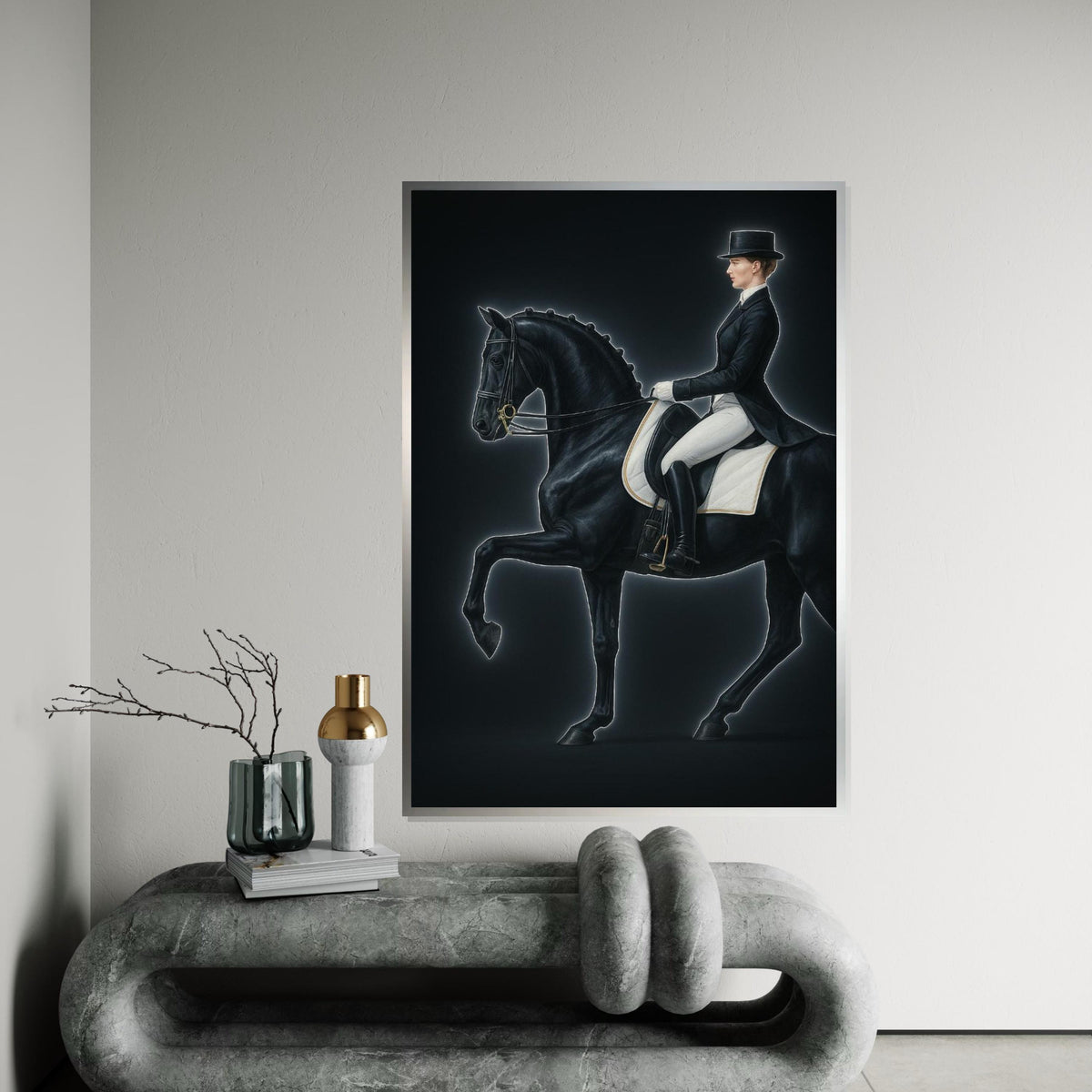 Equestrian Elegance Canvas, Dressage Horse Art, Rider Wall Print, Equine Wall Art Canvas Design, Ready to Hang Decor, Neon Art, Gift Art