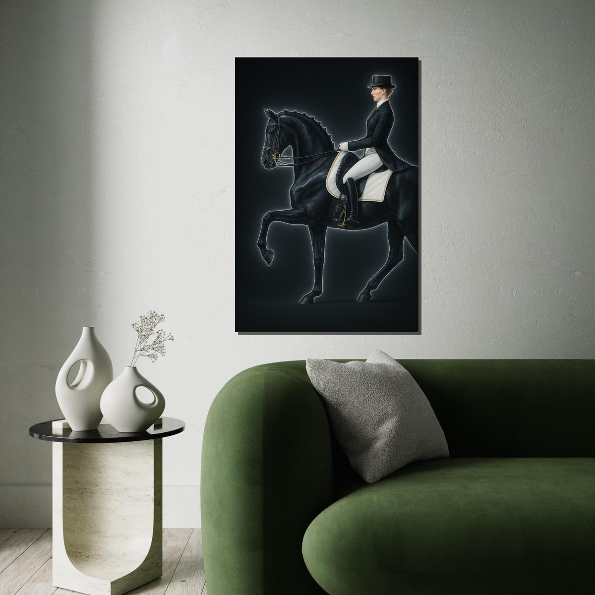 Equestrian Elegance Canvas, Dressage Horse Art, Rider Wall Print, Equine Wall Art Canvas Design, Ready to Hang Decor, Neon Art, Gift Art
