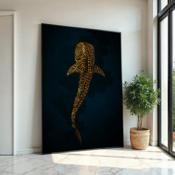 Golden Shark Canvas, Mystical Marine Wall Art, Ocean Glow Poster, Wall Art Canvas Design, Ready To Hang Decoration, Gift Art