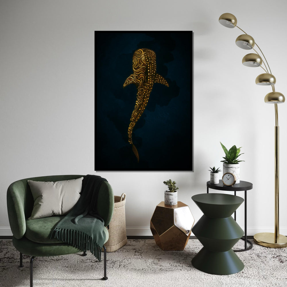 Golden Shark Canvas, Mystical Marine Wall Art, Ocean Glow Poster, Wall Art Canvas Design, Ready To Hang Decoration, Gift Art