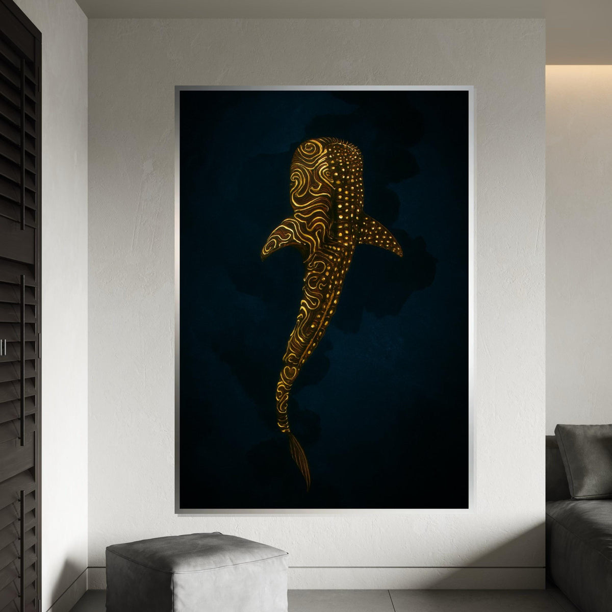 Golden Shark Canvas, Mystical Marine Wall Art, Ocean Glow Poster, Wall Art Canvas Design, Ready To Hang Decoration, Gift Art