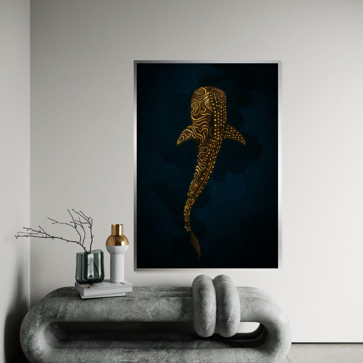 Golden Shark Canvas, Mystical Marine Wall Art, Ocean Glow Poster, Wall Art Canvas Design, Ready To Hang Decoration, Gift Art