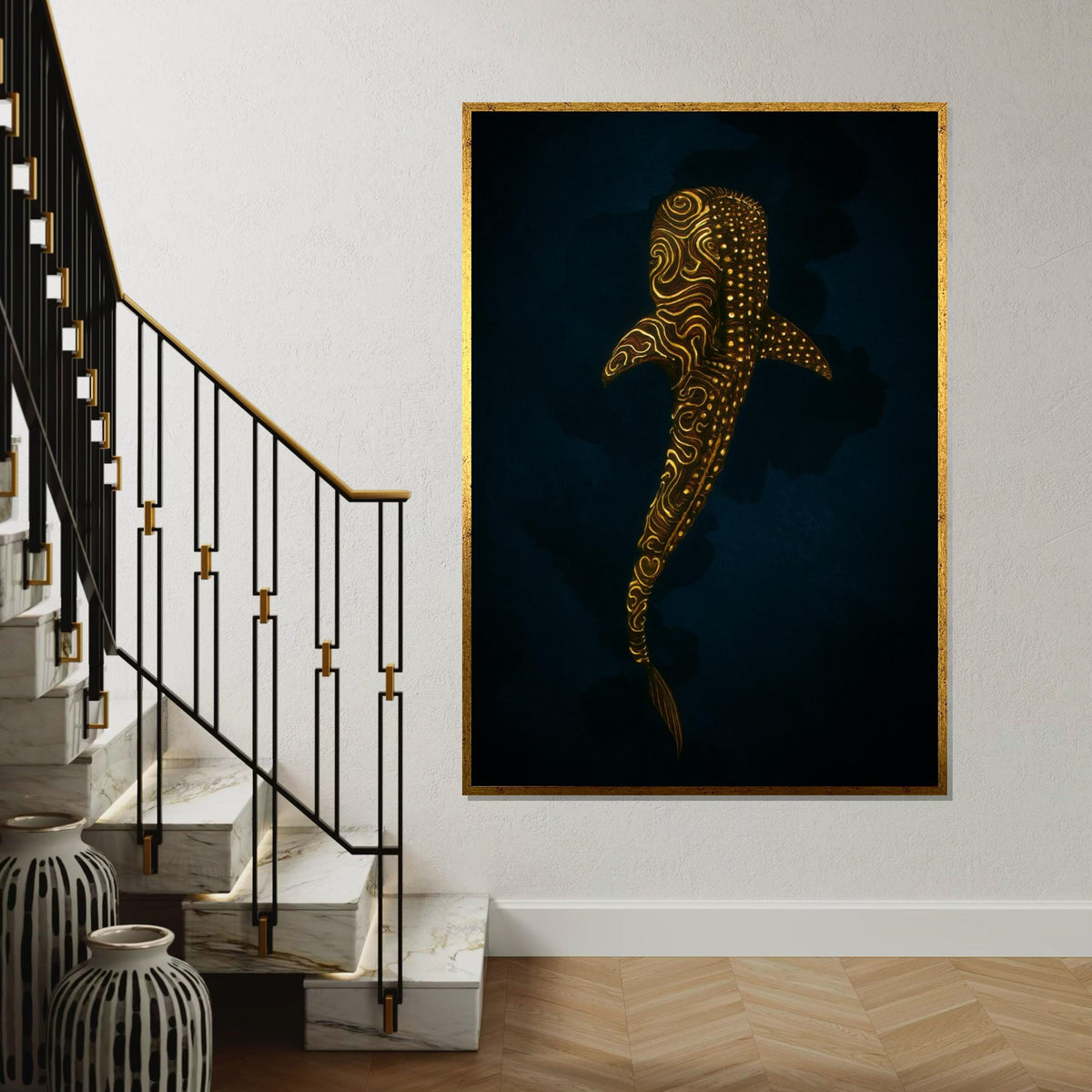 Golden Shark Canvas, Mystical Marine Wall Art, Ocean Glow Poster, Wall Art Canvas Design, Ready To Hang Decoration, Gift Art