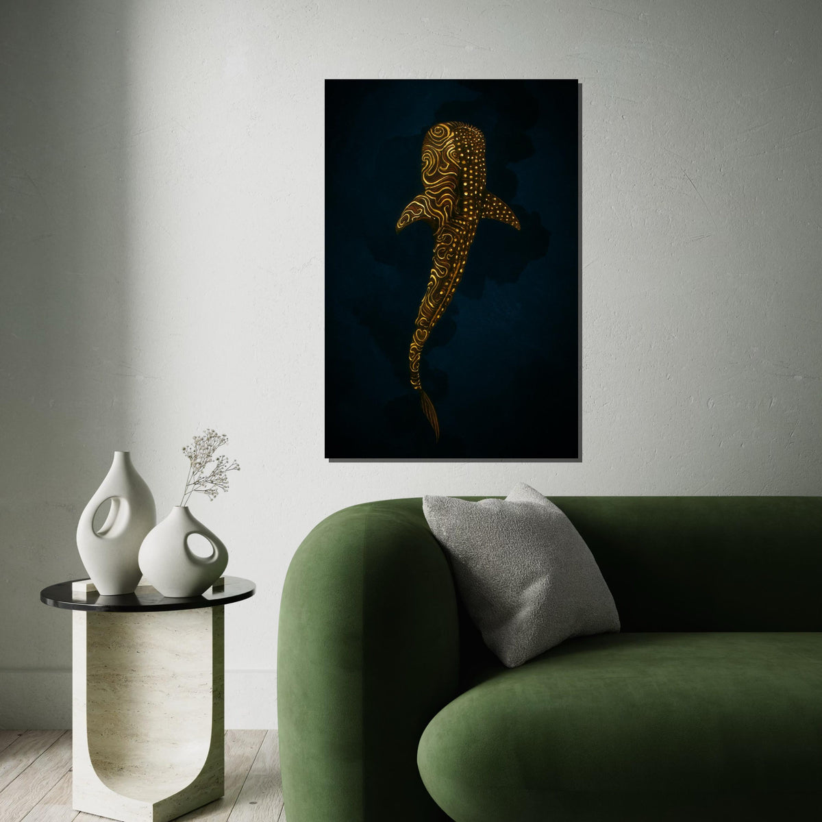 Golden Shark Canvas, Mystical Marine Wall Art, Ocean Glow Poster, Wall Art Canvas Design, Ready To Hang Decoration, Gift Art