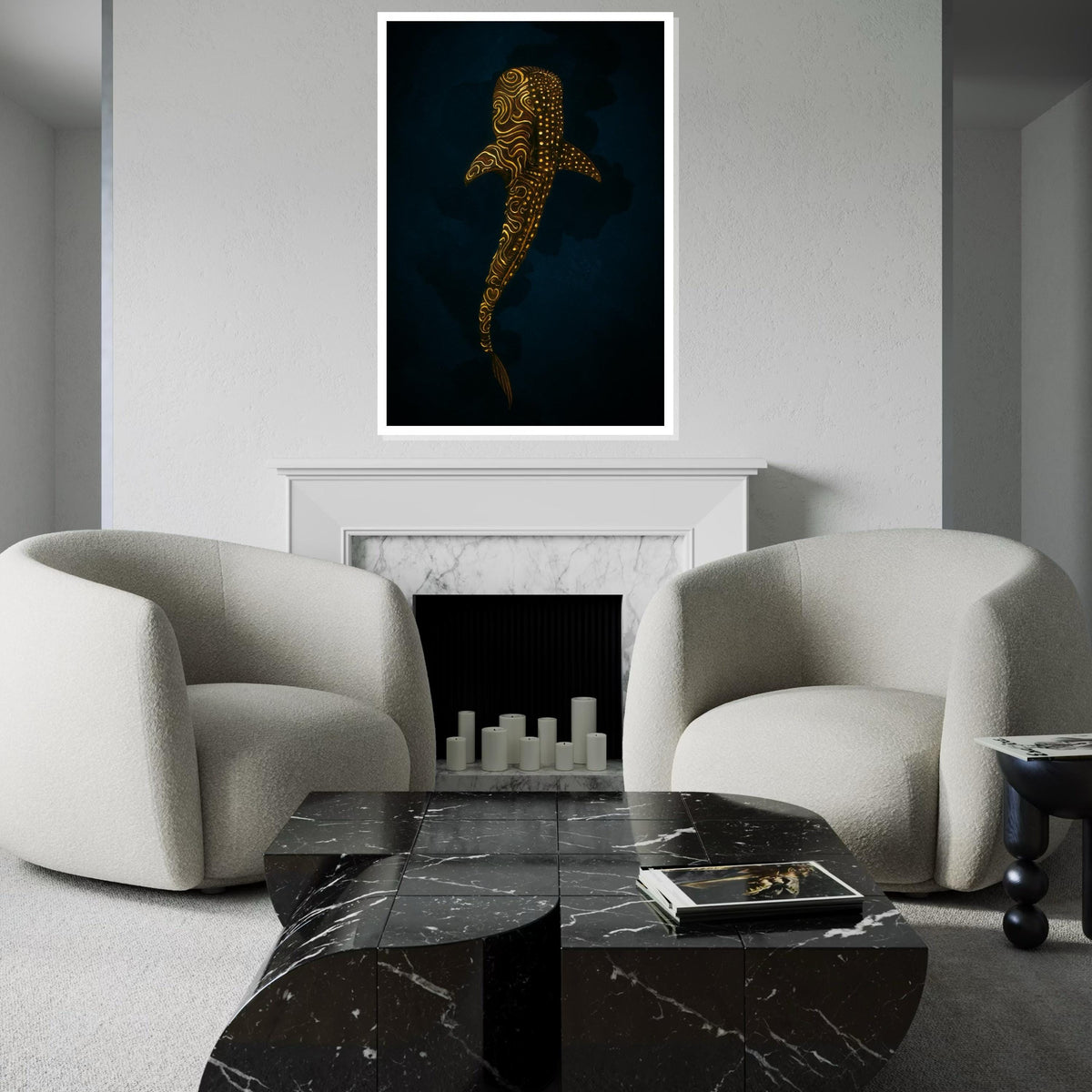 Golden Shark Canvas, Mystical Marine Wall Art, Ocean Glow Poster, Wall Art Canvas Design, Ready To Hang Decoration, Gift Art