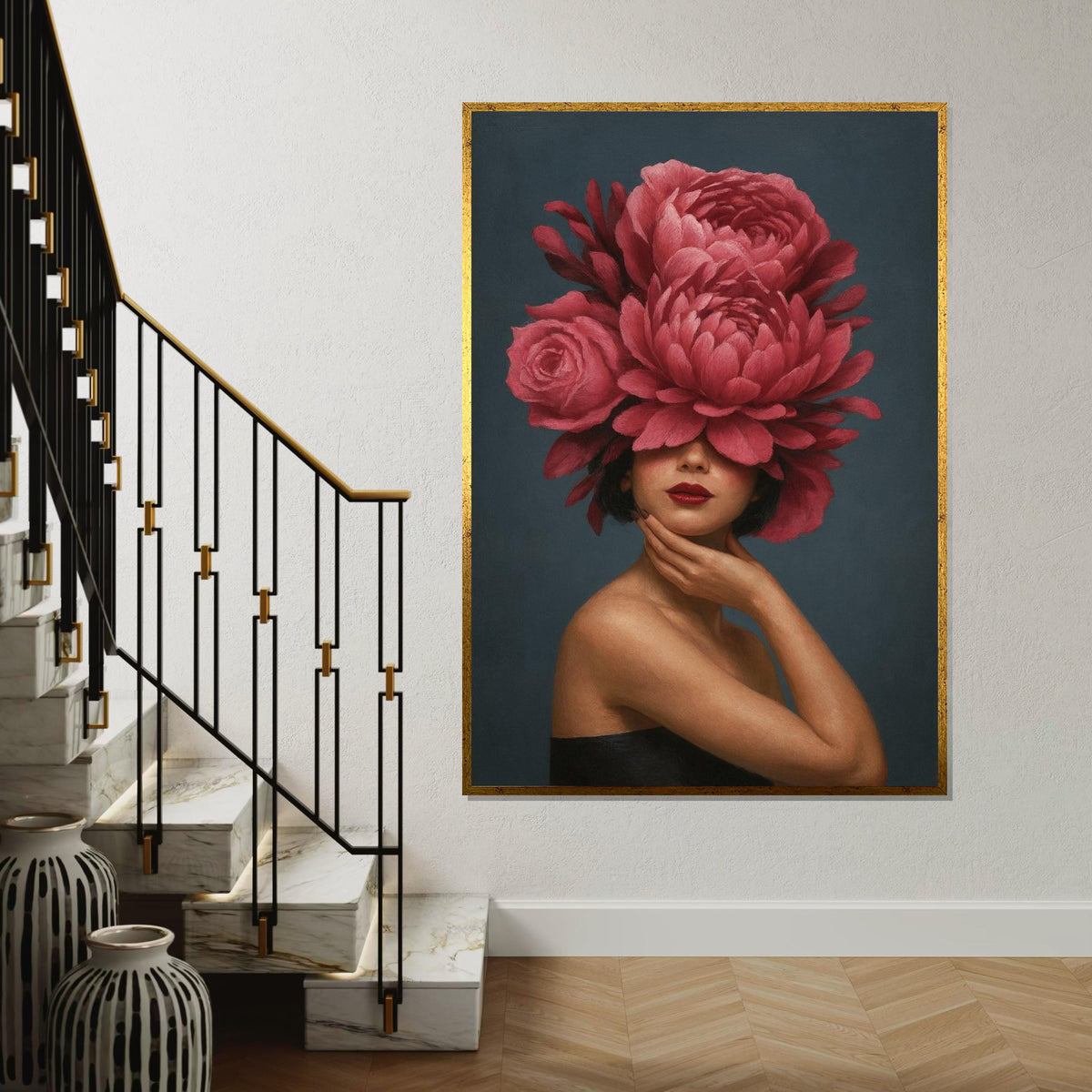 Floral Elegance, Woman with Flower Hat Canvas, Portrait Wall Art, Decorative Canvas Design, Ready to Hang Art, Modern Home Decor, Gift Art