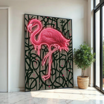 Glowing Flamingo Canvas, Neon Bird Wall Art, Graffiti Style Wall Print, Animal Canvas Design, Ready To Hang Home Decor, Gift Art