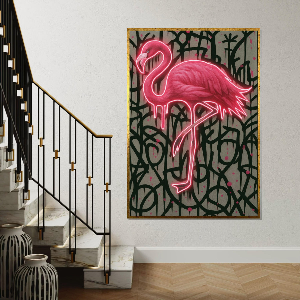 Glowing Flamingo Canvas, Neon Bird Wall Art, Graffiti Style Wall Print, Animal Canvas Design, Ready To Hang Home Decor, Gift Art