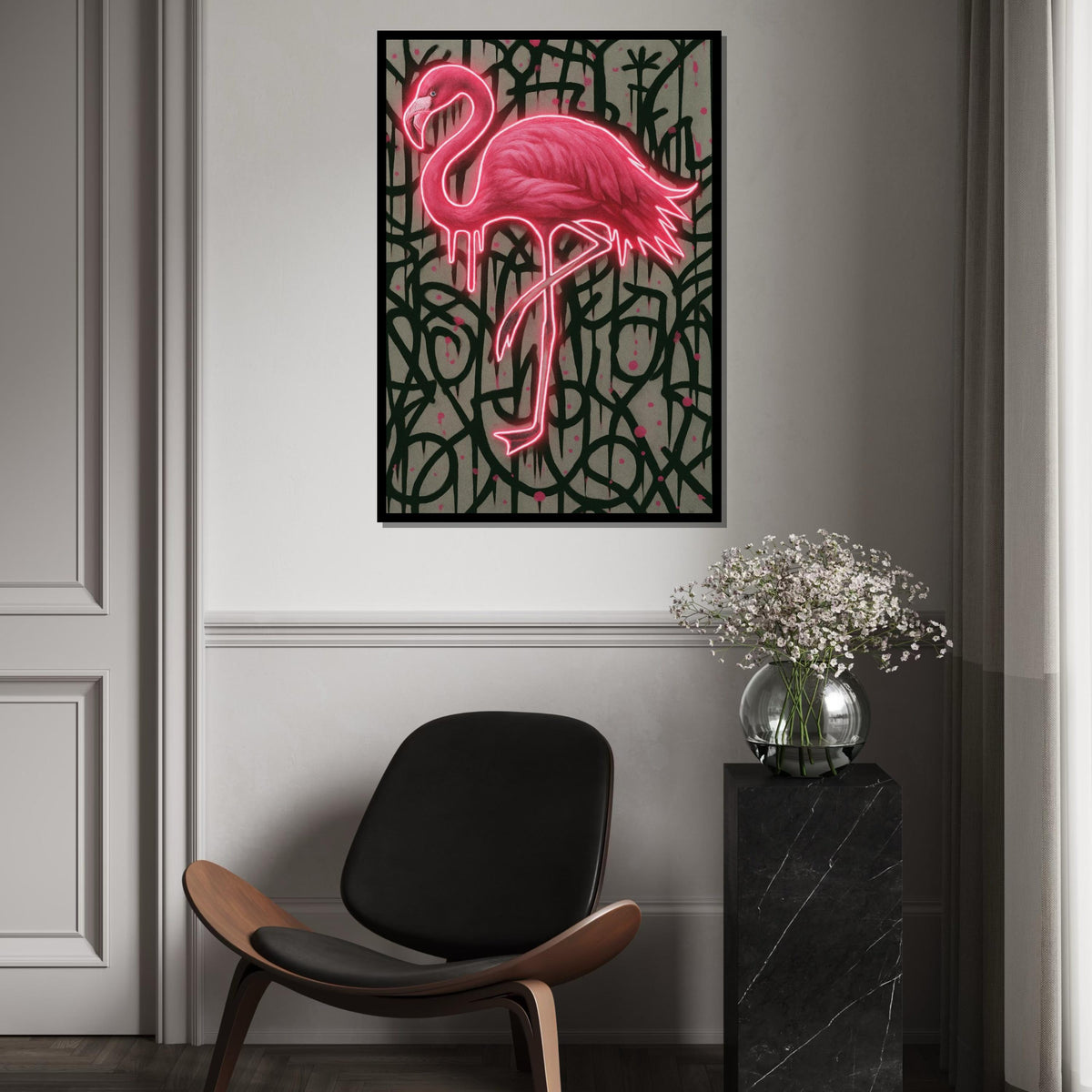Glowing Flamingo Canvas, Neon Bird Wall Art, Graffiti Style Wall Print, Animal Canvas Design, Ready To Hang Home Decor, Gift Art
