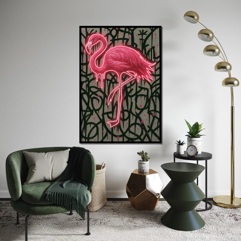 Glowing Flamingo Canvas, Neon Bird Wall Art, Graffiti Style Wall Print, Animal Canvas Design, Ready To Hang Home Decor, Gift Art
