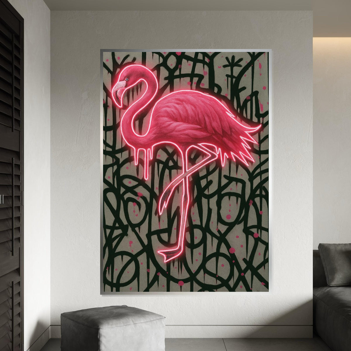 Glowing Flamingo Canvas, Neon Bird Wall Art, Graffiti Style Wall Print, Animal Canvas Design, Ready To Hang Home Decor, Gift Art