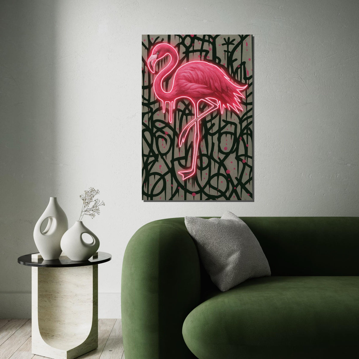 Glowing Flamingo Canvas, Neon Bird Wall Art, Graffiti Style Wall Print, Animal Canvas Design, Ready To Hang Home Decor, Gift Art