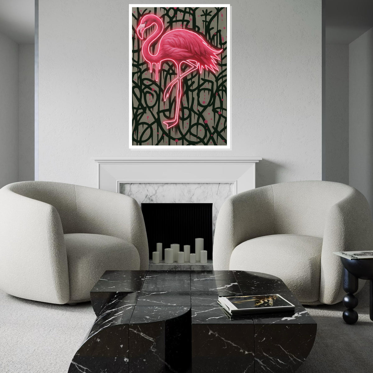 Glowing Flamingo Canvas, Neon Bird Wall Art, Graffiti Style Wall Print, Animal Canvas Design, Ready To Hang Home Decor, Gift Art