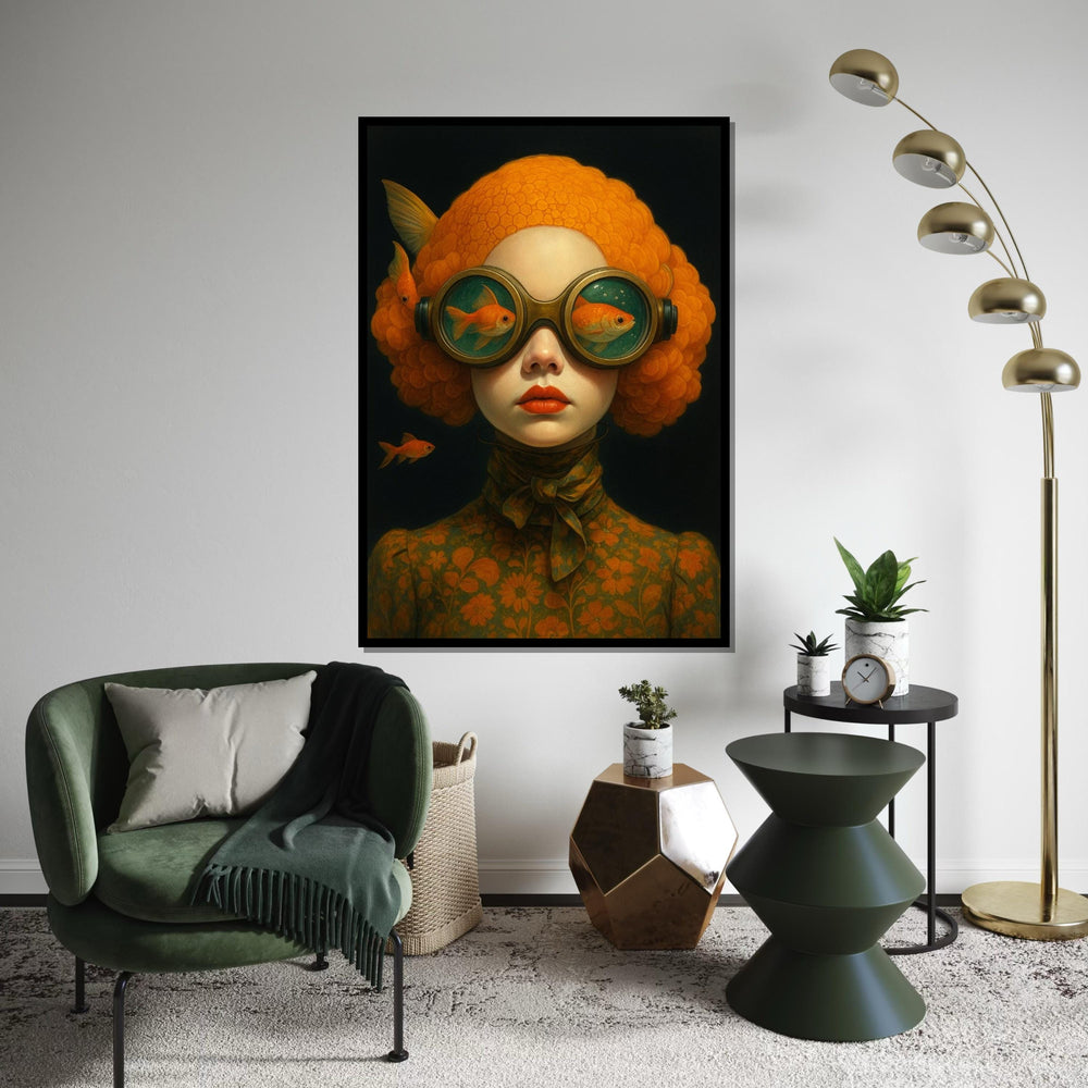 Surreal Goldfish Portrait, Goldfish Goggles Art, Whimsical Wall Art Canvas, Vintage Style Decor, Ready To Hang Canvas Design, Print Canvas