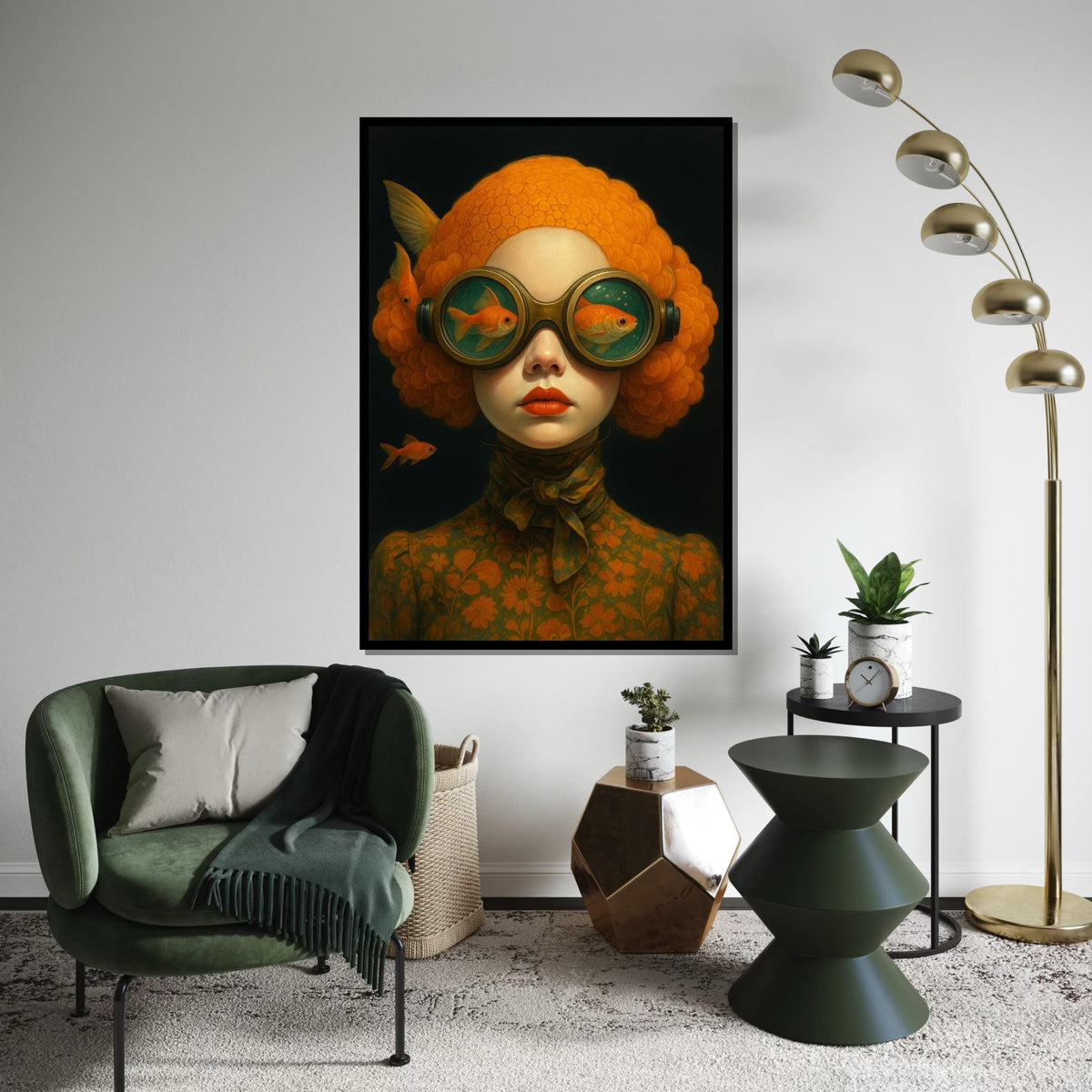 Surreal Goldfish Portrait, Goldfish Goggles Art, Whimsical Wall Art Canvas, Vintage Style Decor, Ready To Hang Canvas Design, Print Canvas