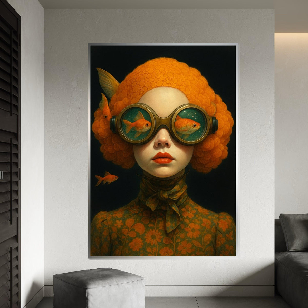 Surreal Goldfish Portrait, Goldfish Goggles Art, Whimsical Wall Art Canvas, Vintage Style Decor, Ready To Hang Canvas Design, Print Canvas