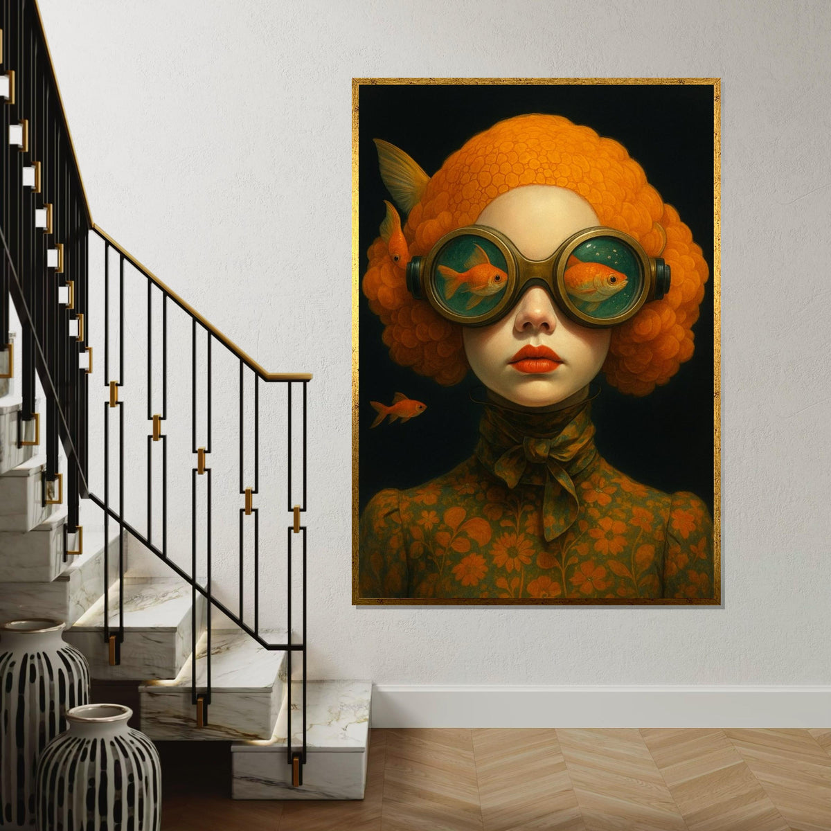 Surreal Goldfish Portrait, Goldfish Goggles Art, Whimsical Wall Art Canvas, Vintage Style Decor, Ready To Hang Canvas Design, Print Canvas