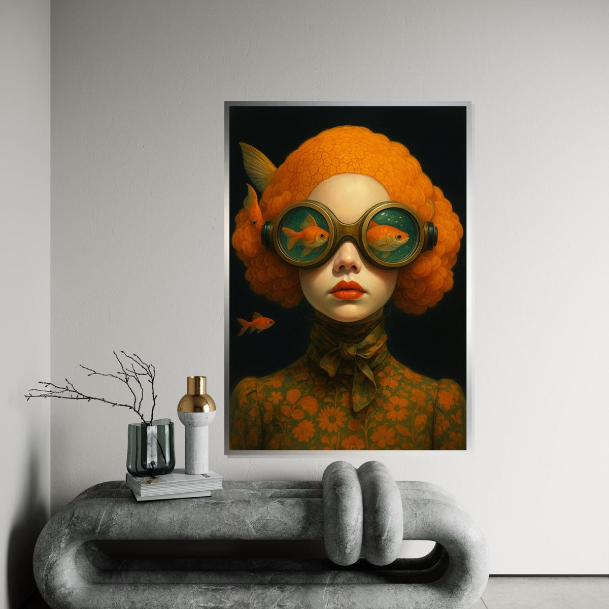 Surreal Goldfish Portrait, Goldfish Goggles Art, Whimsical Wall Art Canvas, Vintage Style Decor, Ready To Hang Canvas Design, Print Canvas