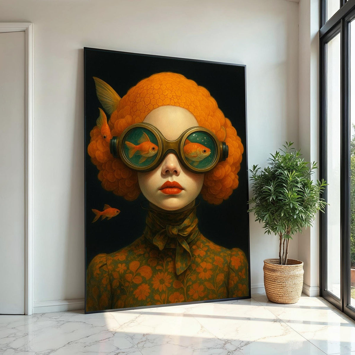 Surreal Goldfish Portrait, Goldfish Goggles Art, Whimsical Wall Art Canvas, Vintage Style Decor, Ready To Hang Canvas Design, Print Canvas