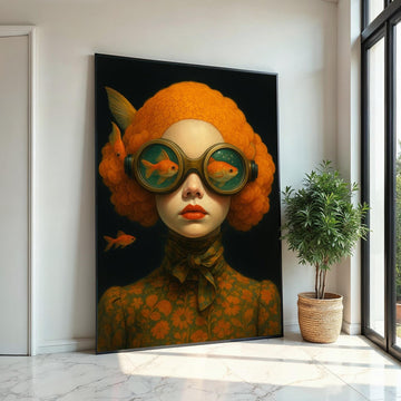 Surreal Goldfish Portrait, Goldfish Goggles Art, Whimsical Wall Art Canvas, Vintage Style Decor, Ready To Hang Canvas Design, Print Canvas