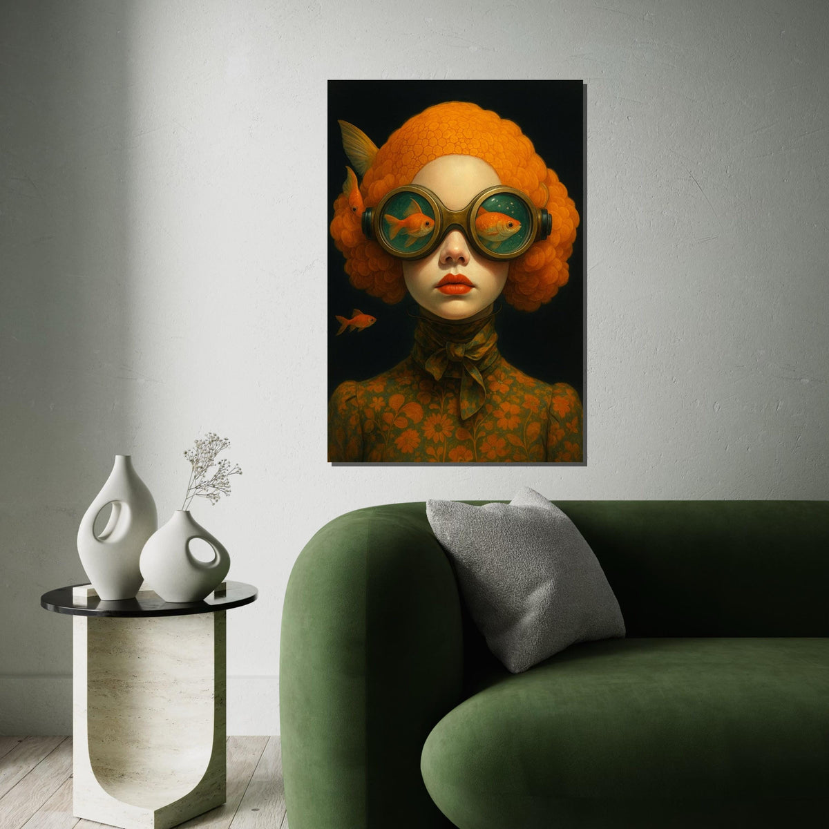 Surreal Goldfish Portrait, Goldfish Goggles Art, Whimsical Wall Art Canvas, Vintage Style Decor, Ready To Hang Canvas Design, Print Canvas