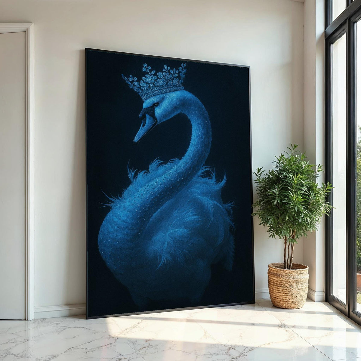 Regal Swan Canvas, Crowned Swan Art, Blue Swan Wall Print, Animal Poster, Elegant Wall Art Canvas Design, Ready to Hang Decor,Gift Art