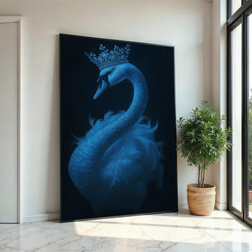 Regal Swan Canvas, Crowned Swan Art, Blue Swan Wall Print, Animal Poster, Elegant Wall Art Canvas Design, Ready to Hang Decor,Gift Art