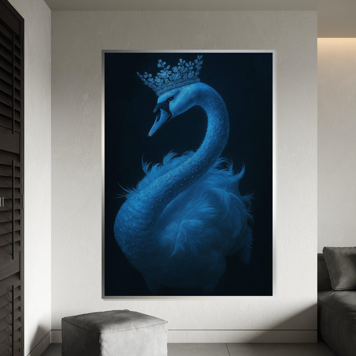 Regal Swan Canvas, Crowned Swan Art, Blue Swan Wall Print, Animal Poster, Elegant Wall Art Canvas Design, Ready to Hang Decor,Gift Art