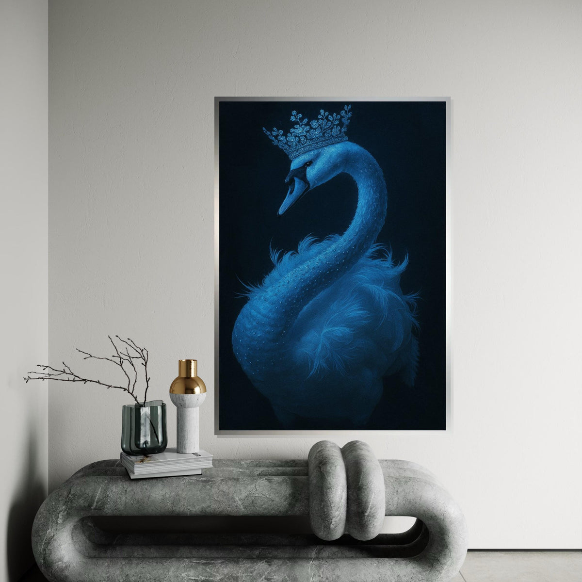 Regal Swan Canvas, Crowned Swan Art, Blue Swan Wall Print, Animal Poster, Elegant Wall Art Canvas Design, Ready to Hang Decor,Gift Art