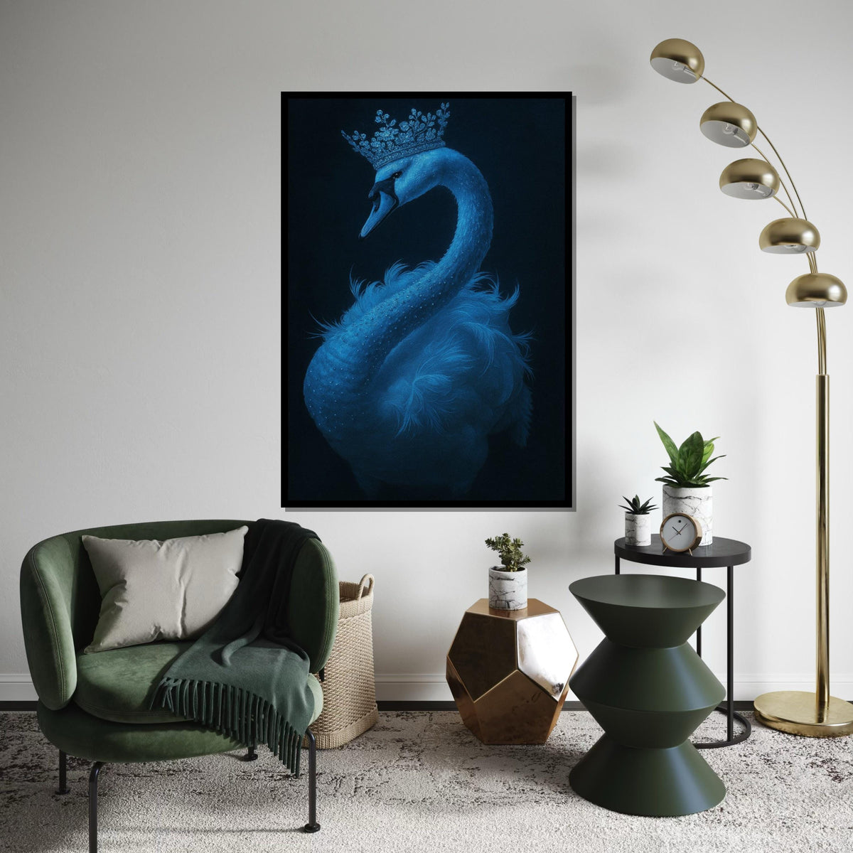 Regal Swan Canvas, Crowned Swan Art, Blue Swan Wall Print, Animal Poster, Elegant Wall Art Canvas Design, Ready to Hang Decor,Gift Art