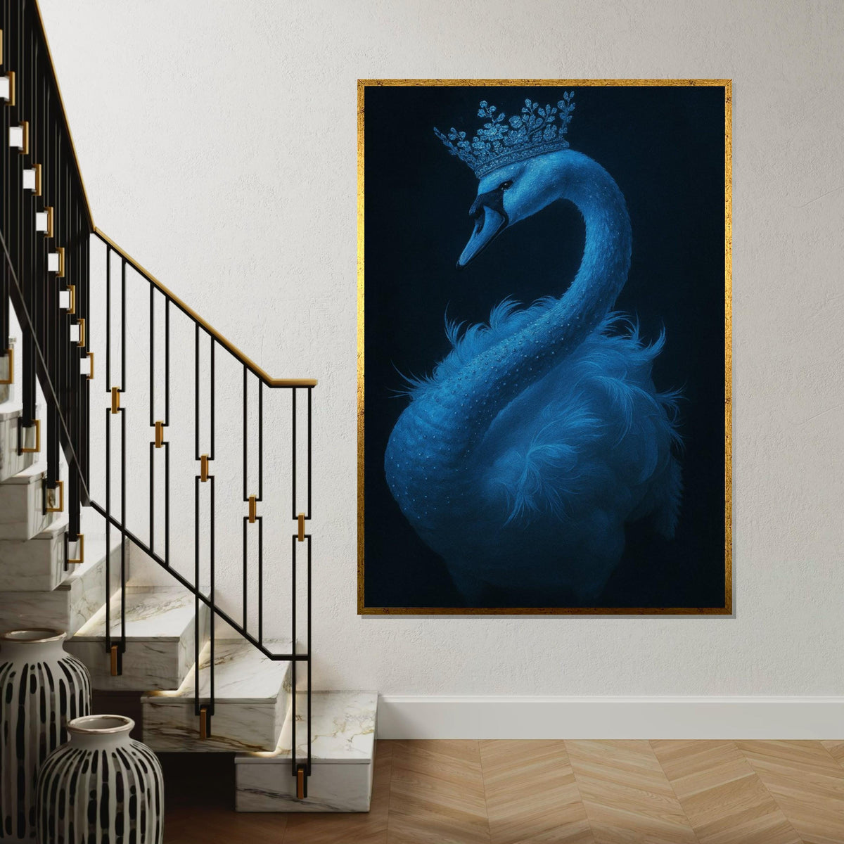 Regal Swan Canvas, Crowned Swan Art, Blue Swan Wall Print, Animal Poster, Elegant Wall Art Canvas Design, Ready to Hang Decor,Gift Art
