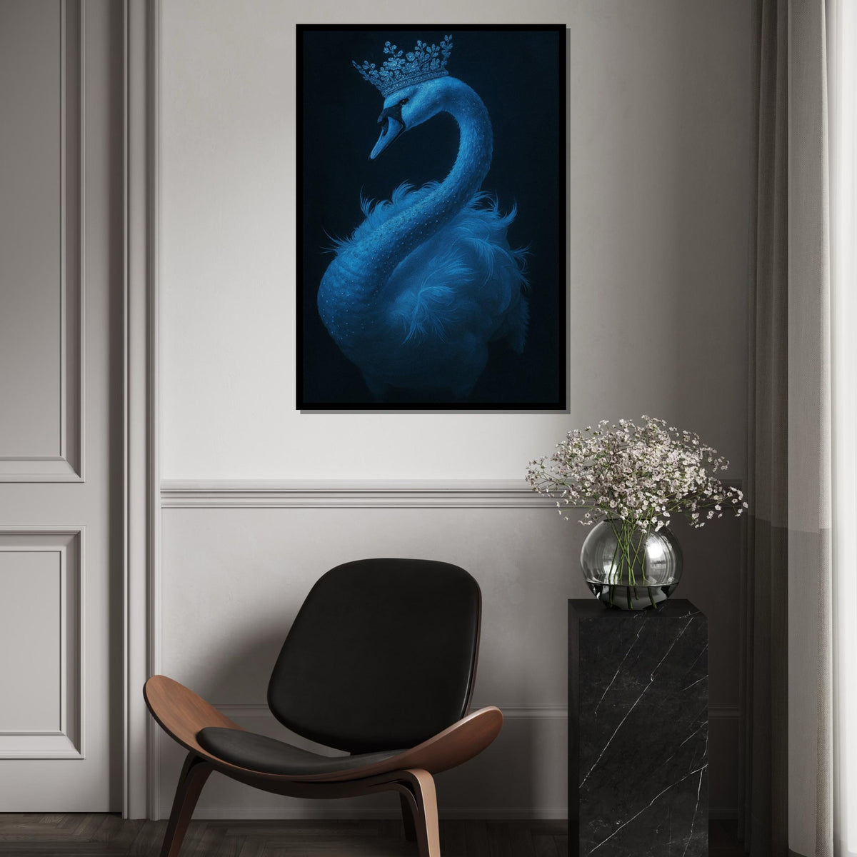 Regal Swan Canvas, Crowned Swan Art, Blue Swan Wall Print, Animal Poster, Elegant Wall Art Canvas Design, Ready to Hang Decor,Gift Art