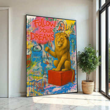 Dreaming Lion Canvas, Inspirational Lion Art, Banksy Style Wall Art, Animal Canvas Design, Ready to Hang, Motivational Gift Canvas