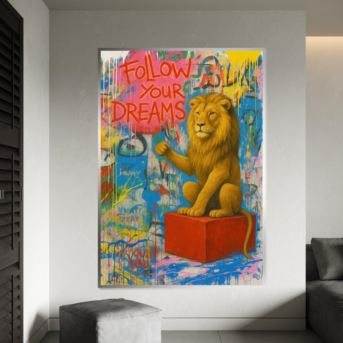 Dreaming Lion Canvas, Inspirational Lion Art, Banksy Style Wall Art, Animal Canvas Design, Ready to Hang, Motivational Gift Canvas