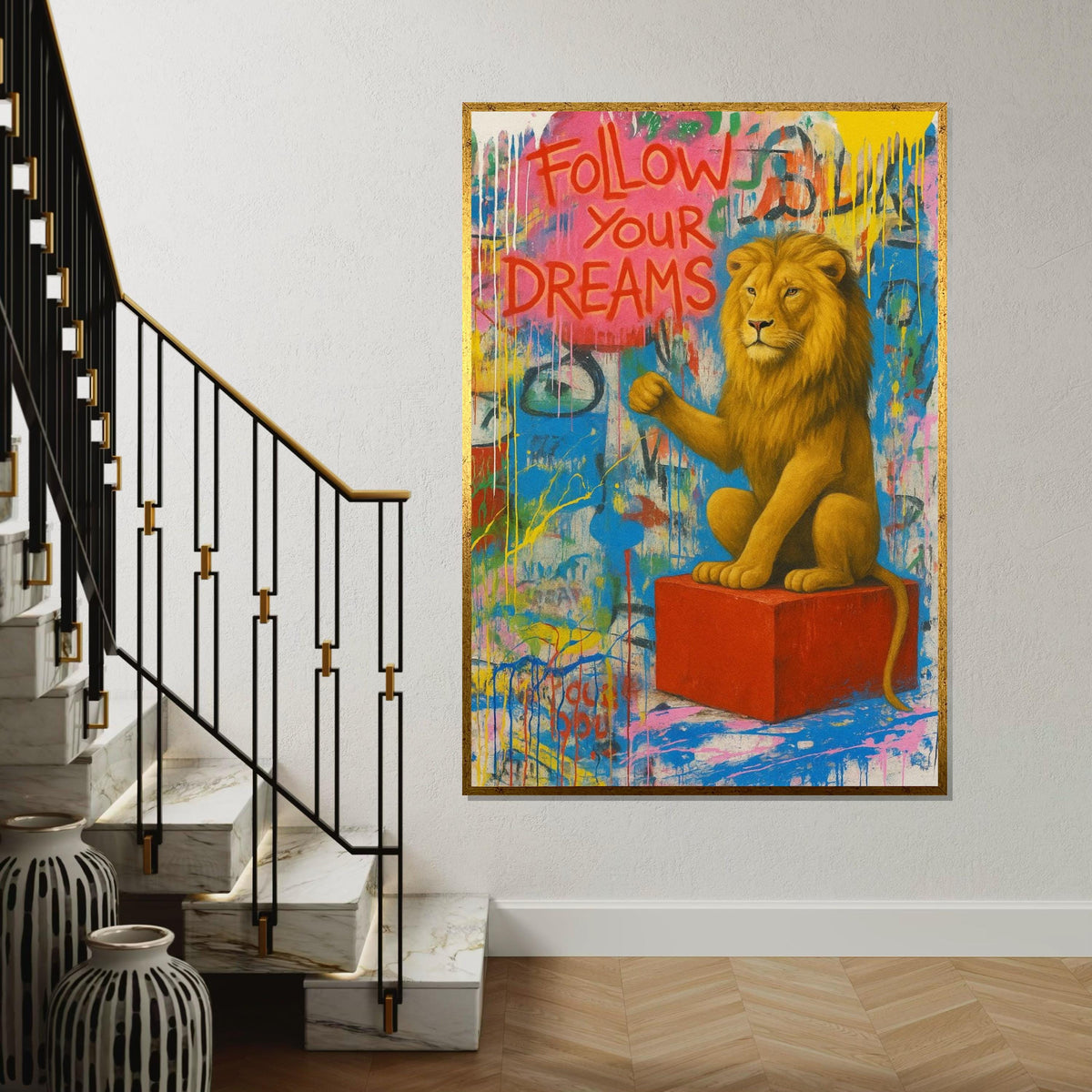 Dreaming Lion Canvas, Inspirational Lion Art, Banksy Style Wall Art, Animal Canvas Design, Ready to Hang, Motivational Gift Canvas