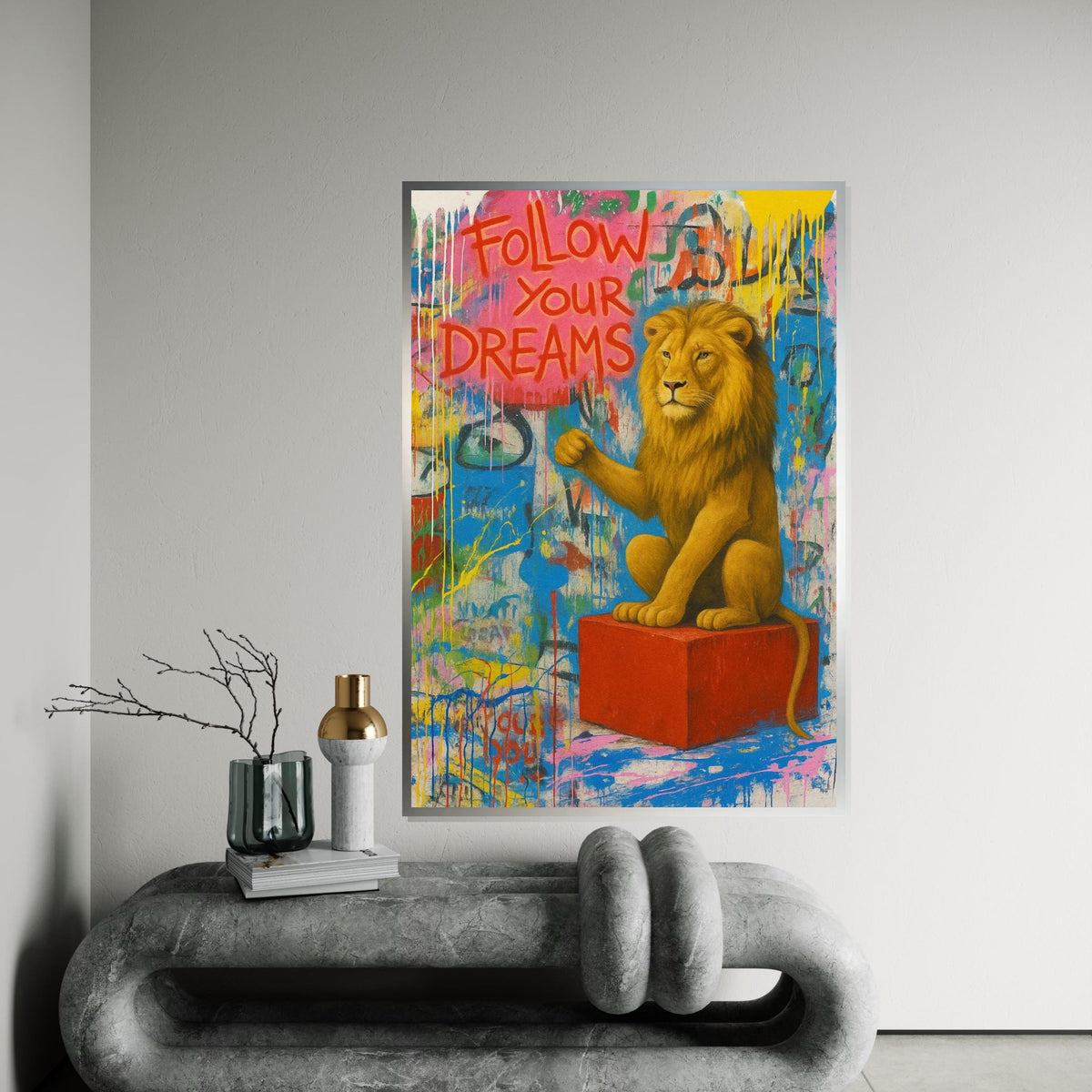 Dreaming Lion Canvas, Inspirational Lion Art, Banksy Style Wall Art, Animal Canvas Design, Ready to Hang, Motivational Gift Canvas