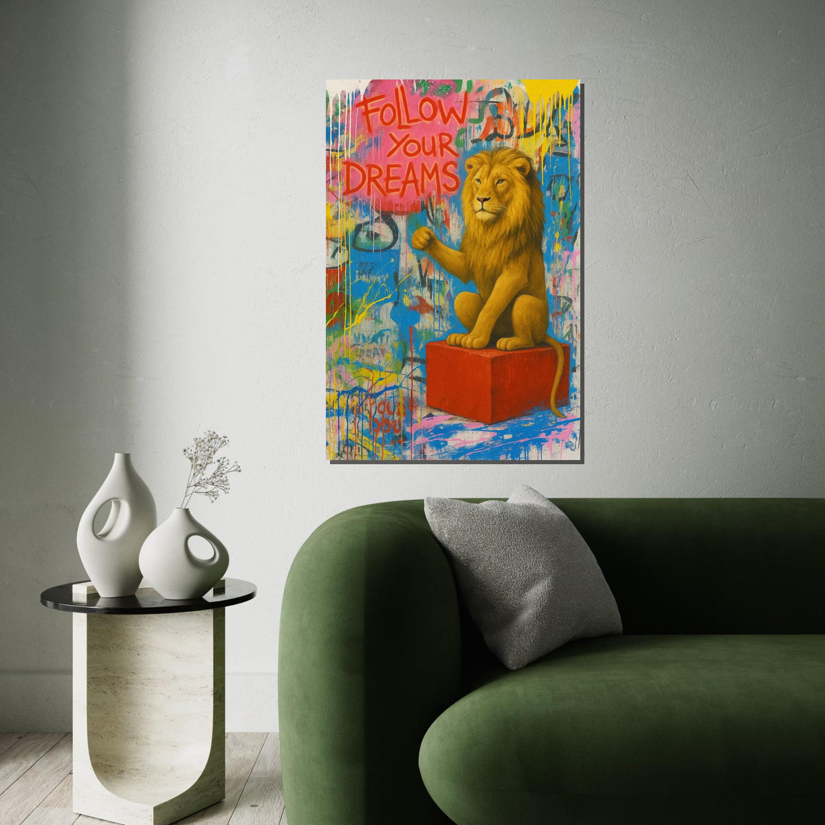 Dreaming Lion Canvas, Inspirational Lion Art, Banksy Style Wall Art, Animal Canvas Design, Ready to Hang, Motivational Gift Canvas