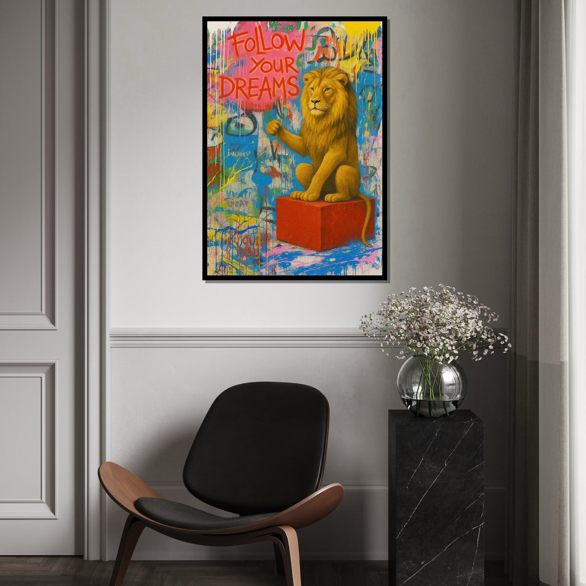 Dreaming Lion Canvas, Inspirational Lion Art, Banksy Style Wall Art, Animal Canvas Design, Ready to Hang, Motivational Gift Canvas