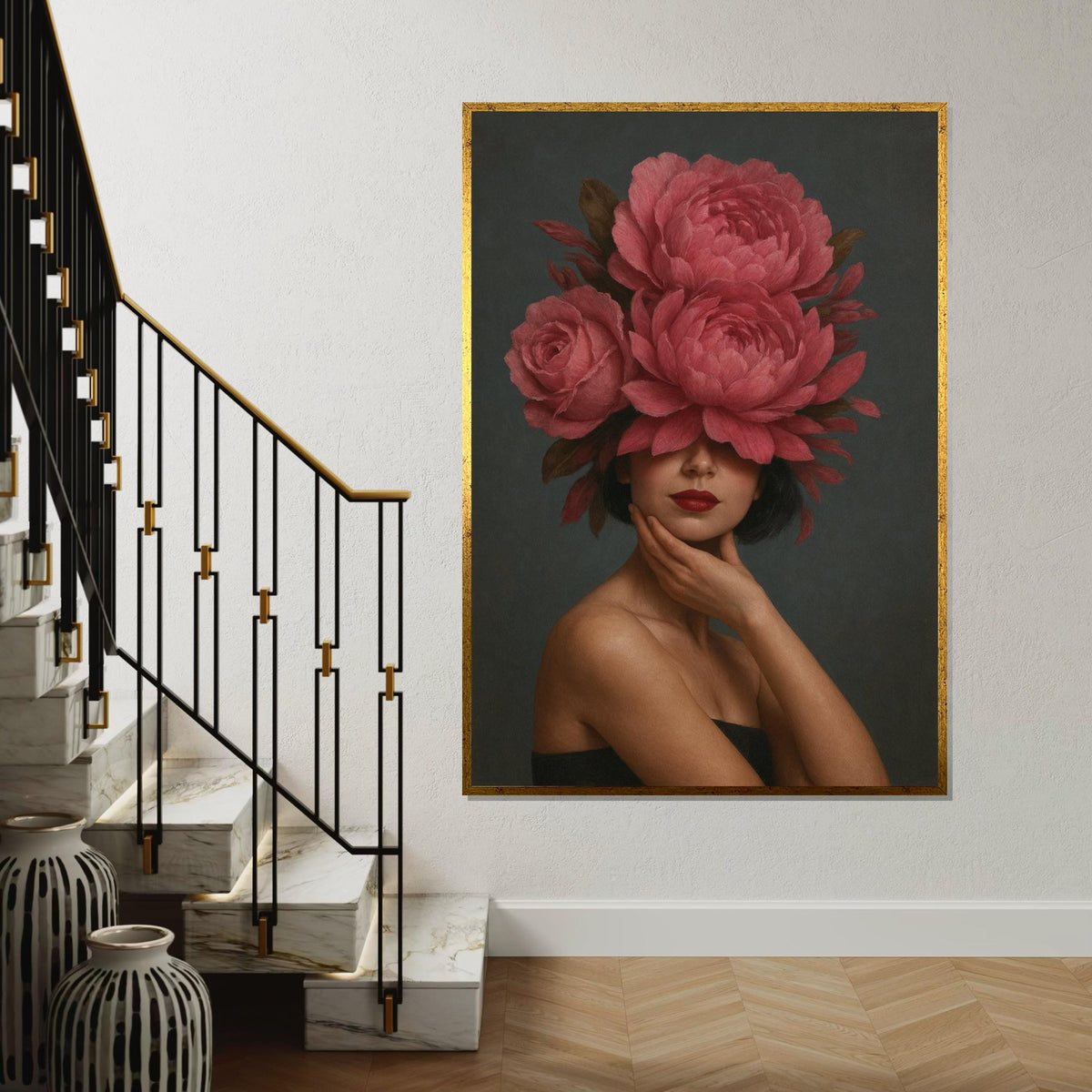 Elegant Floral Woman Canvas, Flower Crown Art, Surreal Portrait Print, Wall Art Canvas Design,Ready To Hang Decoration,Gift Art,Print Canvas