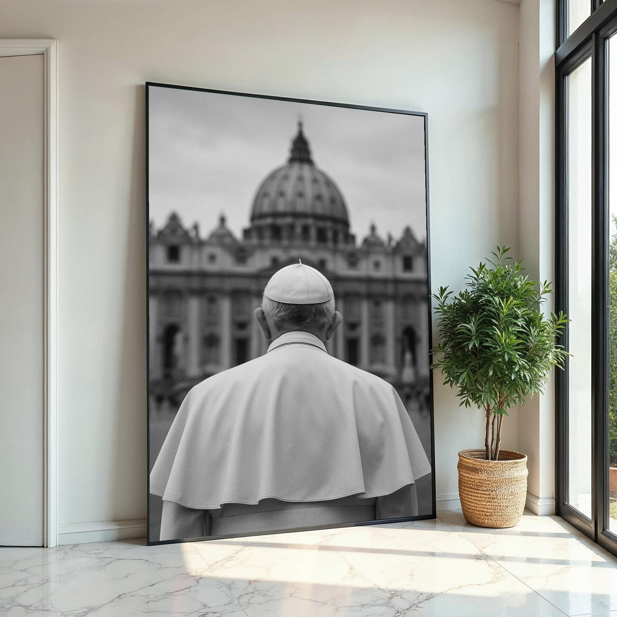 Pope in Vatican,Monochrome Religious Wall Art,Catholic Church Canvas Print,Spiritual Decor,Black and White Photography,Religious Wall Poster