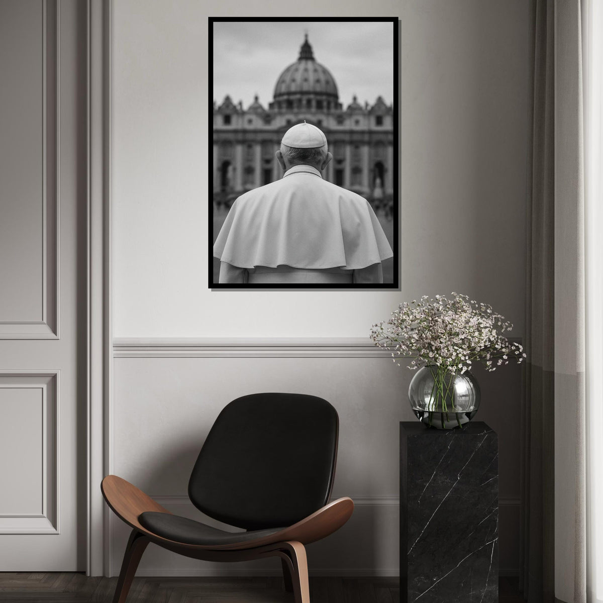 Pope in Vatican,Monochrome Religious Wall Art,Catholic Church Canvas Print,Spiritual Decor,Black and White Photography,Religious Wall Poster