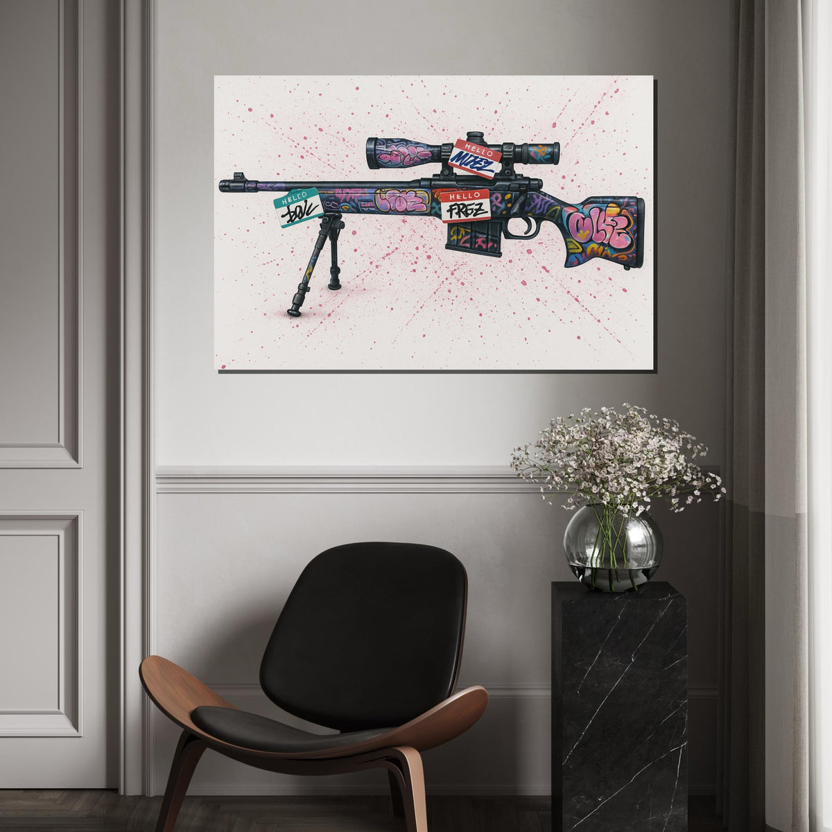 Graffiti Rifle Canvas, Street Art Gun Poster, Urban Wall Art, Bold Canvas Design, Ready to Hang Decoration,Colorful Weapon Print, Sniper Art