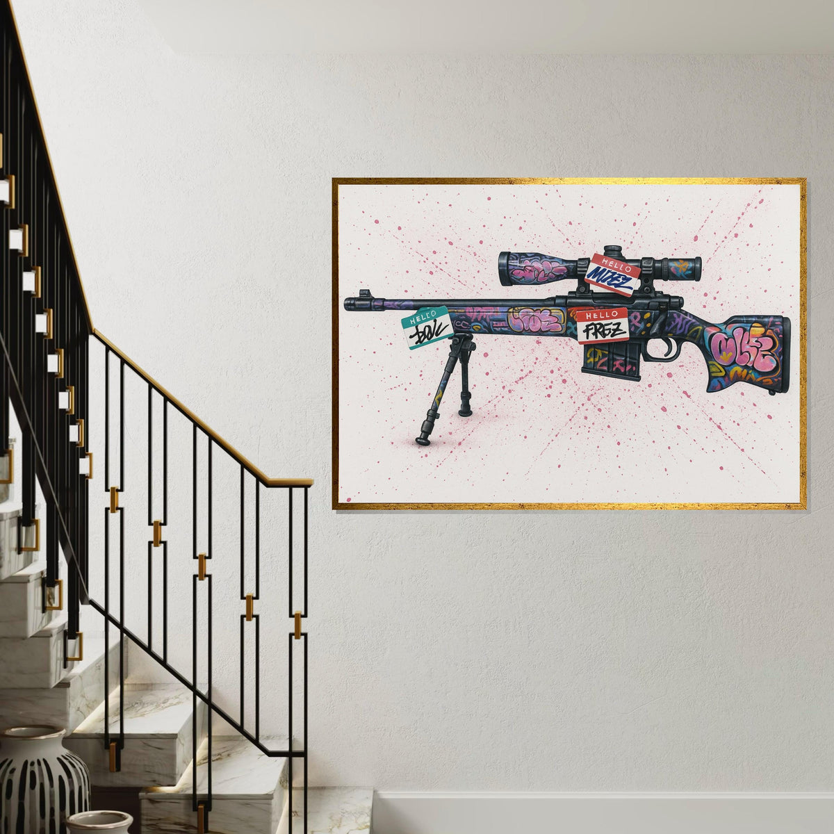 Graffiti Rifle Canvas, Street Art Gun Poster, Urban Wall Art, Bold Canvas Design, Ready to Hang Decoration,Colorful Weapon Print, Sniper Art