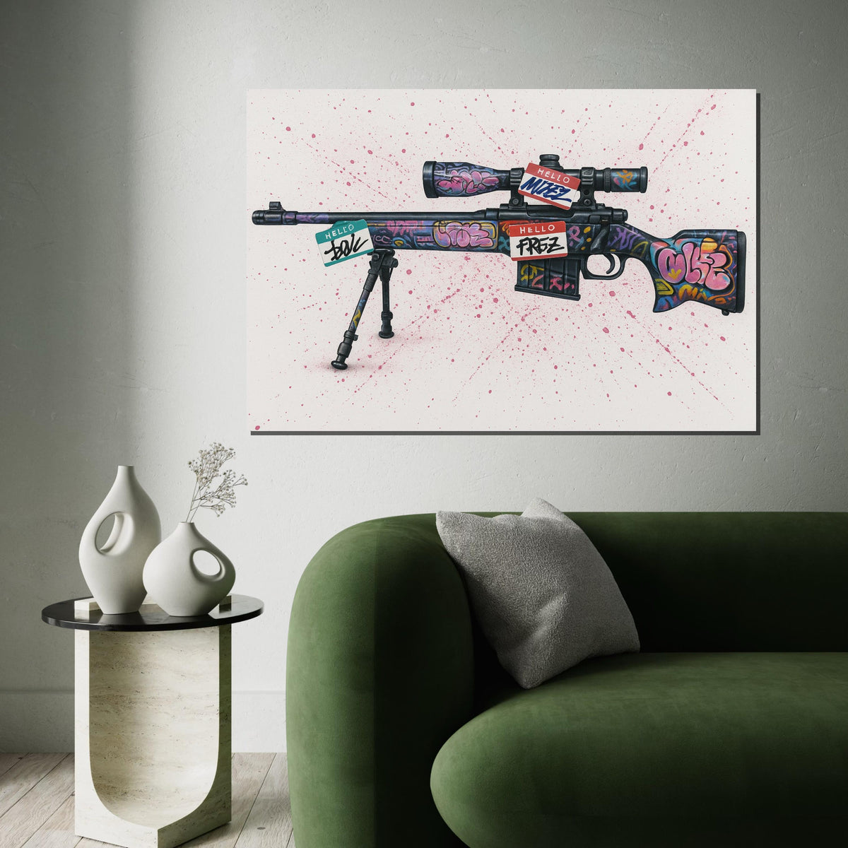 Graffiti Rifle Canvas, Street Art Gun Poster, Urban Wall Art, Bold Canvas Design, Ready to Hang Decoration,Colorful Weapon Print, Sniper Art