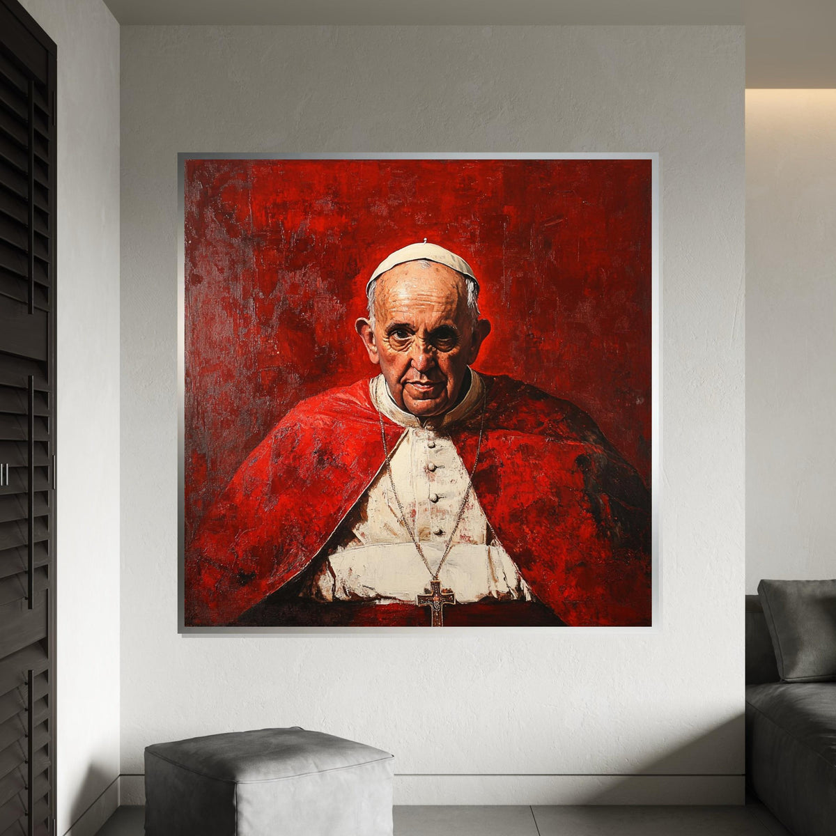 Pope Francis Portrait Canvas, Inspiring Papal Portrait on Premium Giclée Cotton Panel, 60×90 cm, Bold Red & White Art